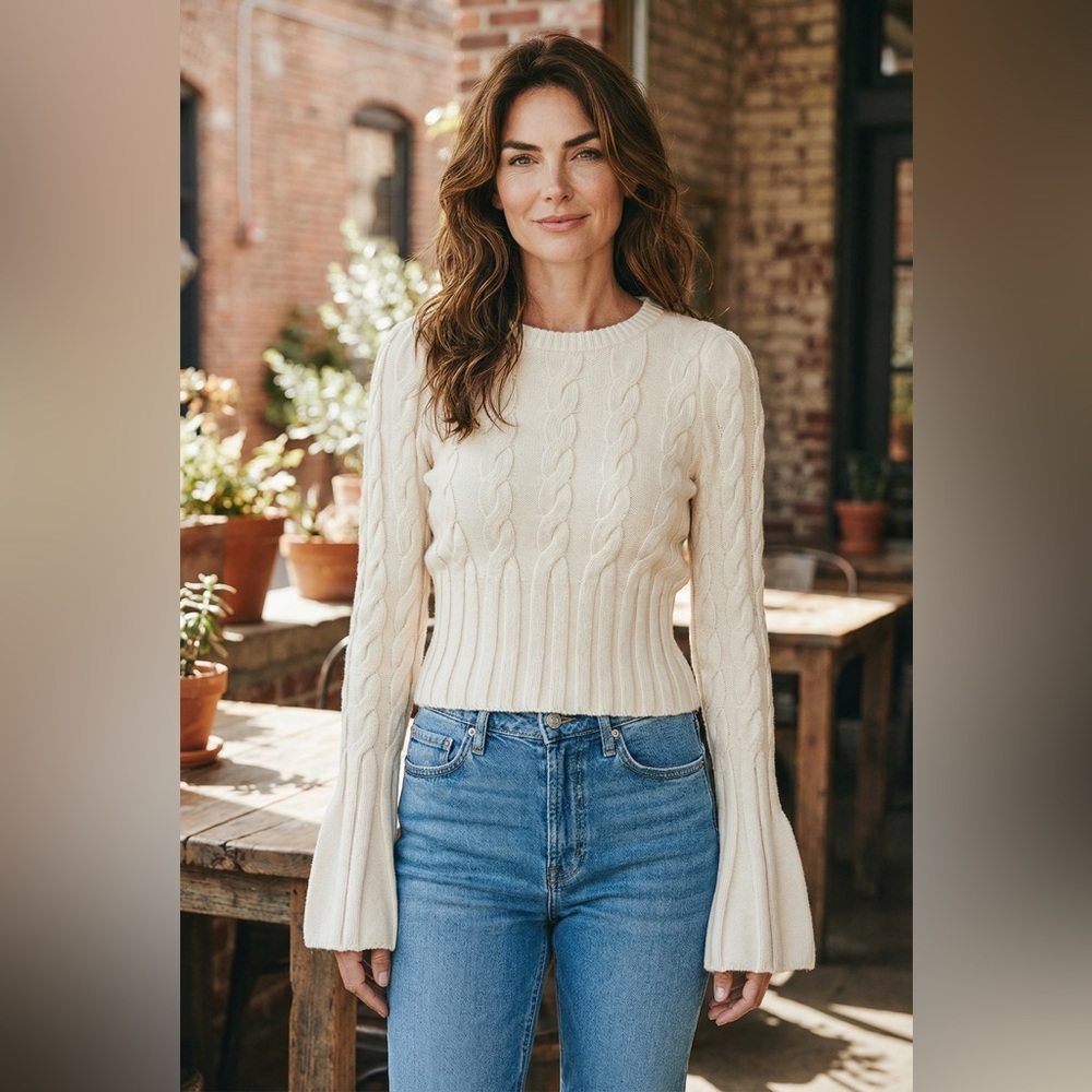 Evereve Cream Cable Knit Cropped Sweater | Soft Stretch Knit | Size S